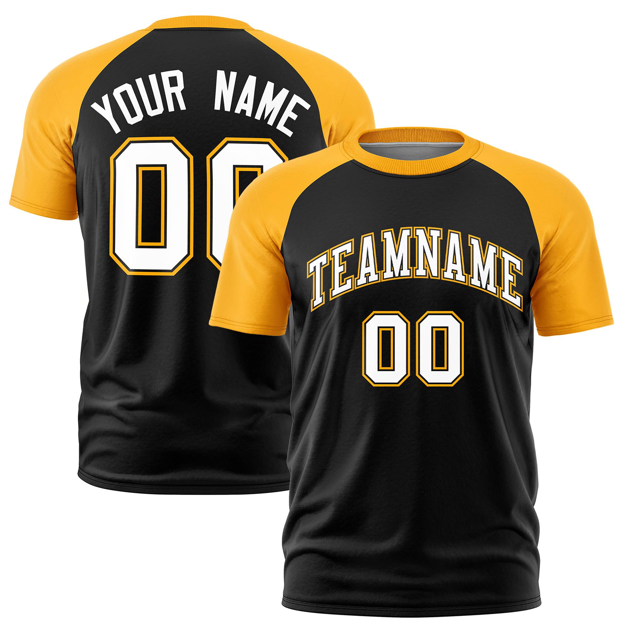 Custom Black Yellow Raglan Sleeves Performance T-Shirt