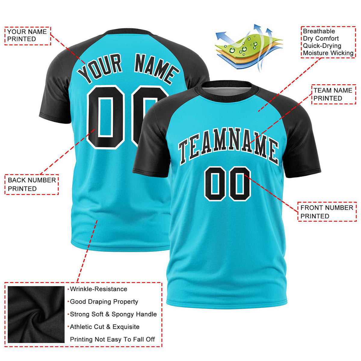 Custom Sky Blue Black Raglan Sleeves Performance T-Shirt