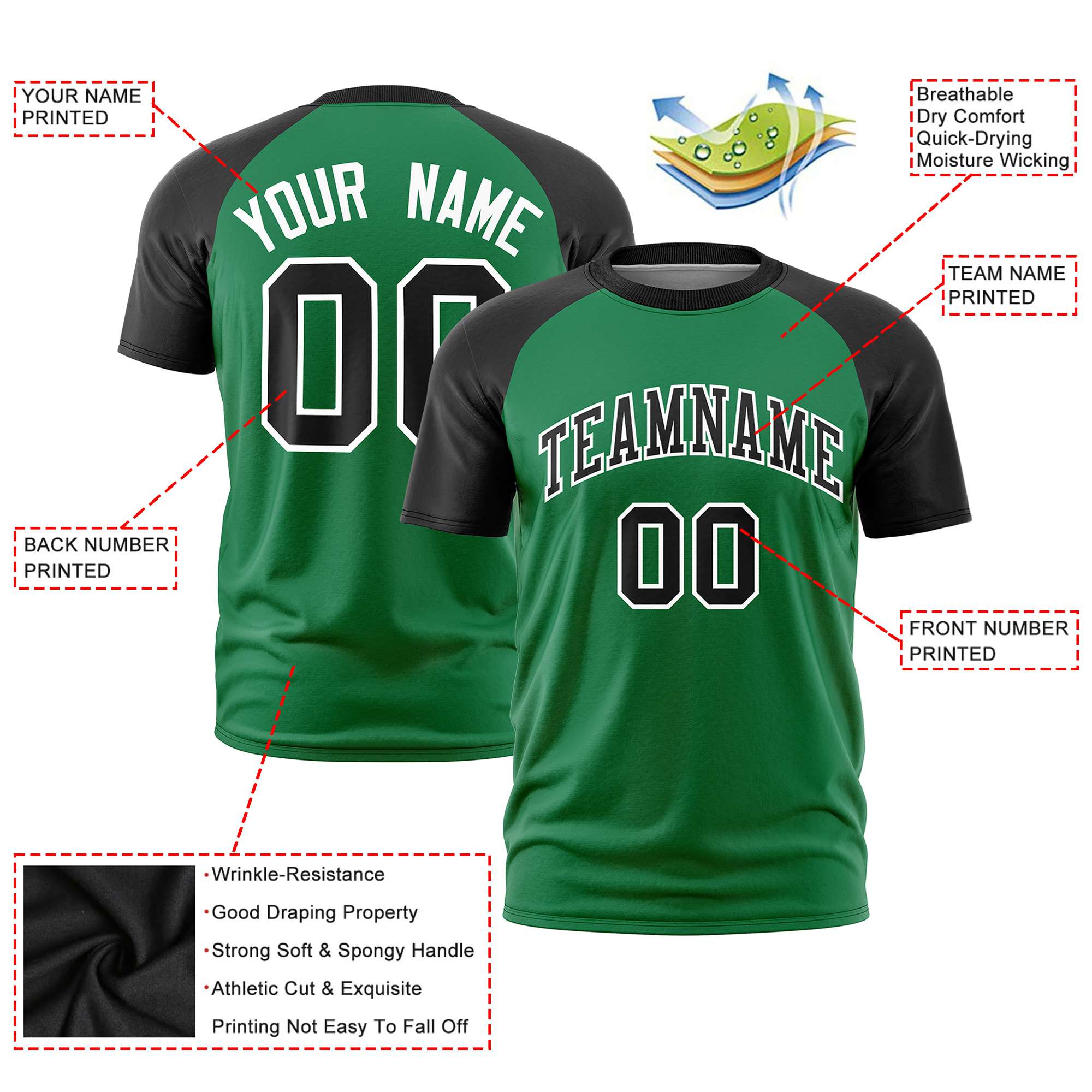 Custom Kelly Green Black Raglan Sleeves Performance T-Shirt