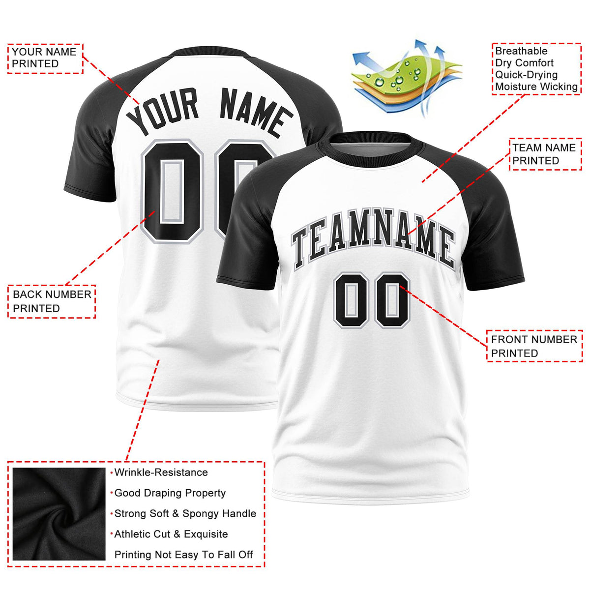 Custom White Black Raglan Sleeves Performance T-Shirt