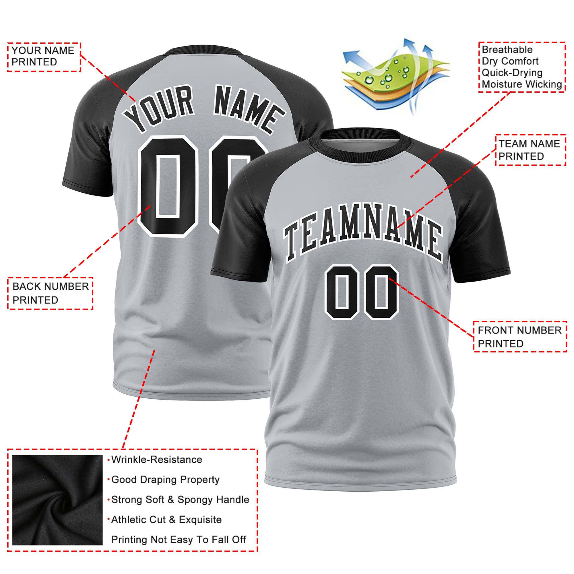 Custom Gray Black Raglan Sleeves Performance T-Shirt