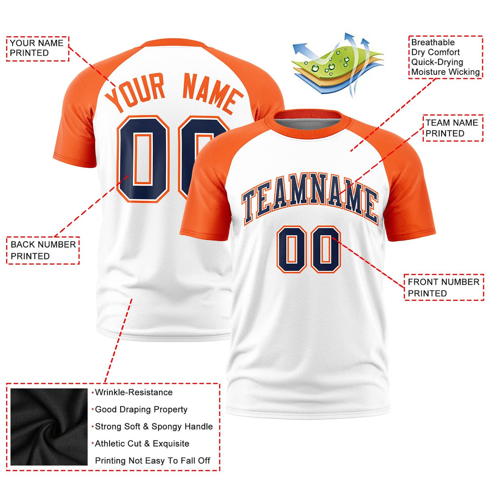 Custom White Orange Raglan Sleeves Performance T-Shirt