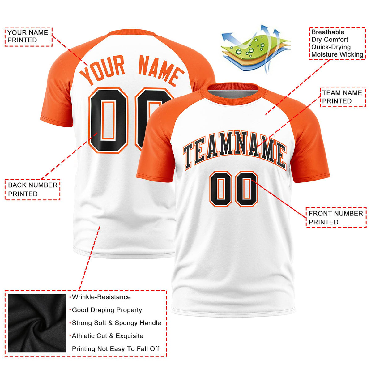 Custom White Orange Raglan Sleeves Performance T-Shirt