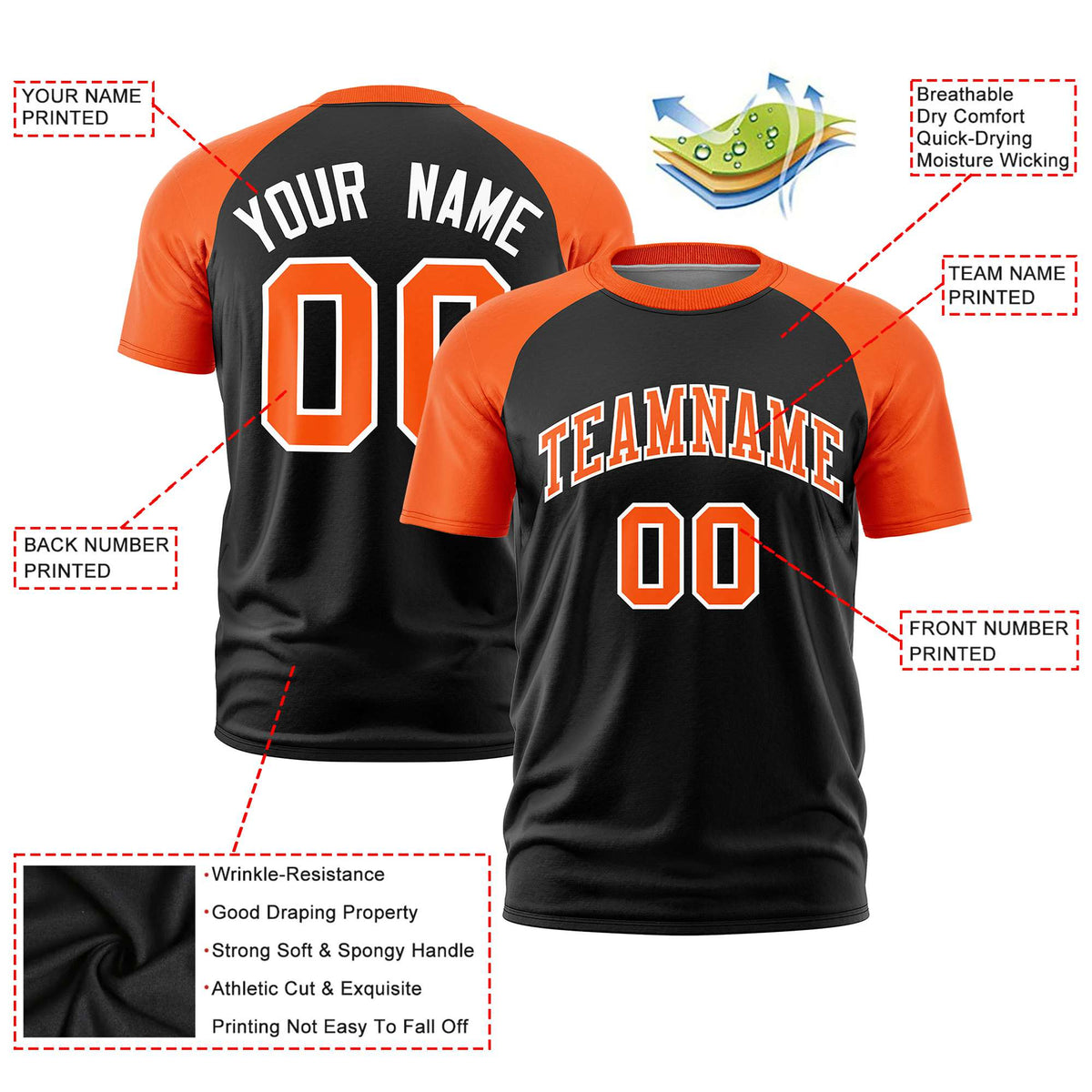 Custom Black Orange Raglan Sleeves Performance T-Shirt