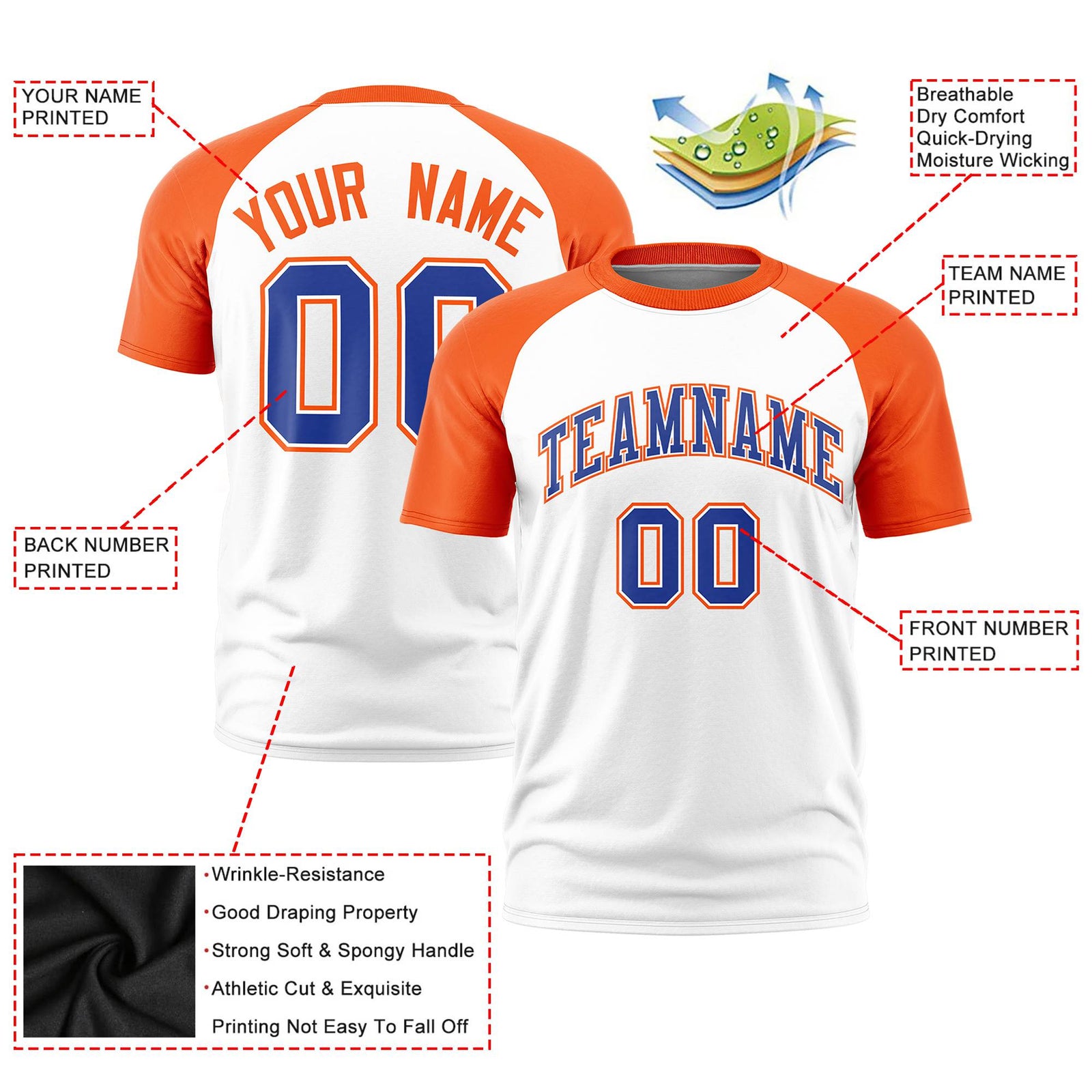 Custom White Orange Raglan Sleeves Performance T-Shirt