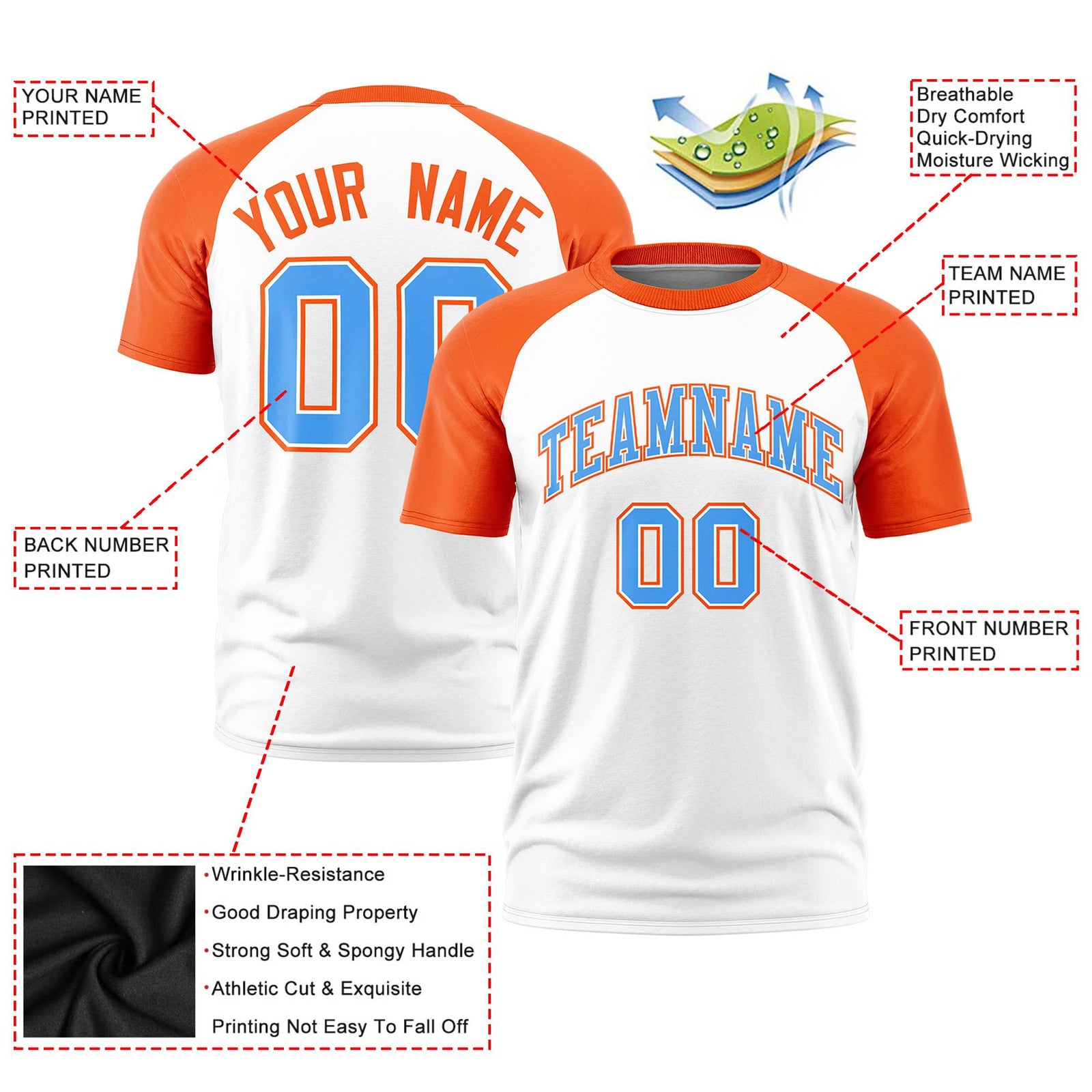 Custom White Orange Raglan Sleeves Performance T-Shirt