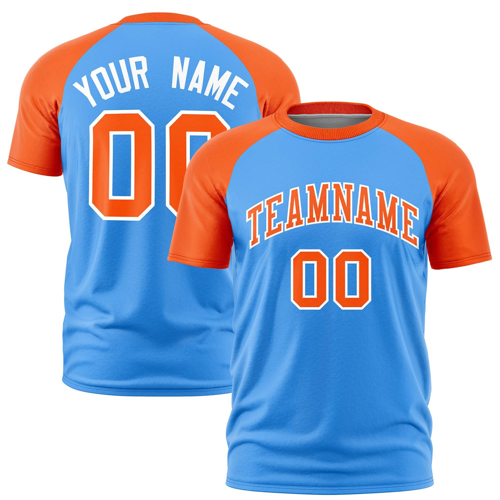 Custom Powder Blue Orange Raglan Sleeves Performance T-Shirt
