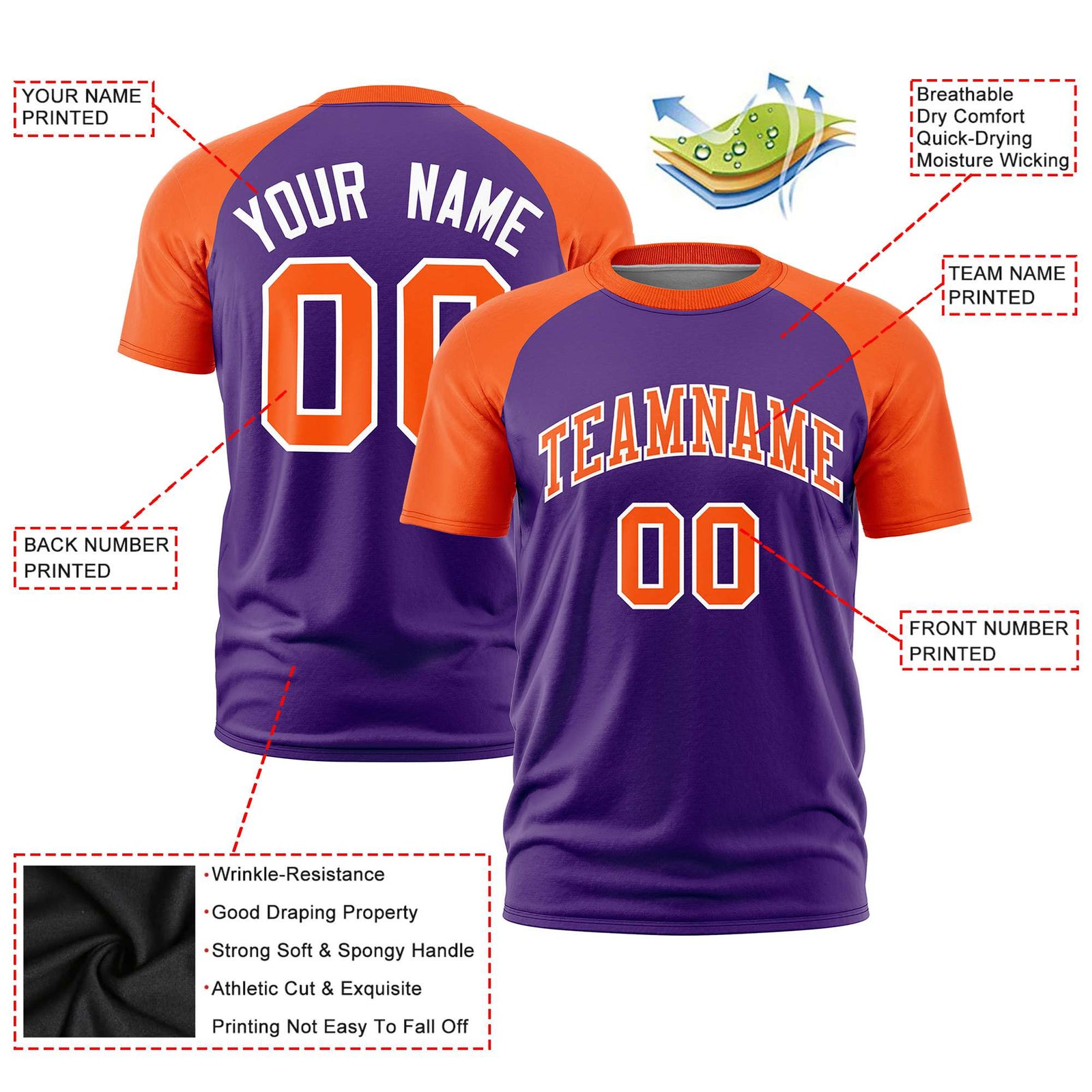 Custom Purple Orange Raglan Sleeves Performance T-Shirt