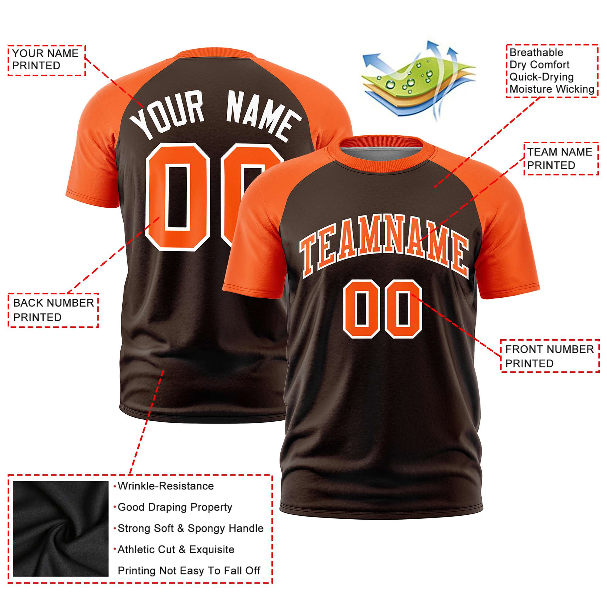 Custom Brown Orange Raglan Sleeves Performance T-Shirt