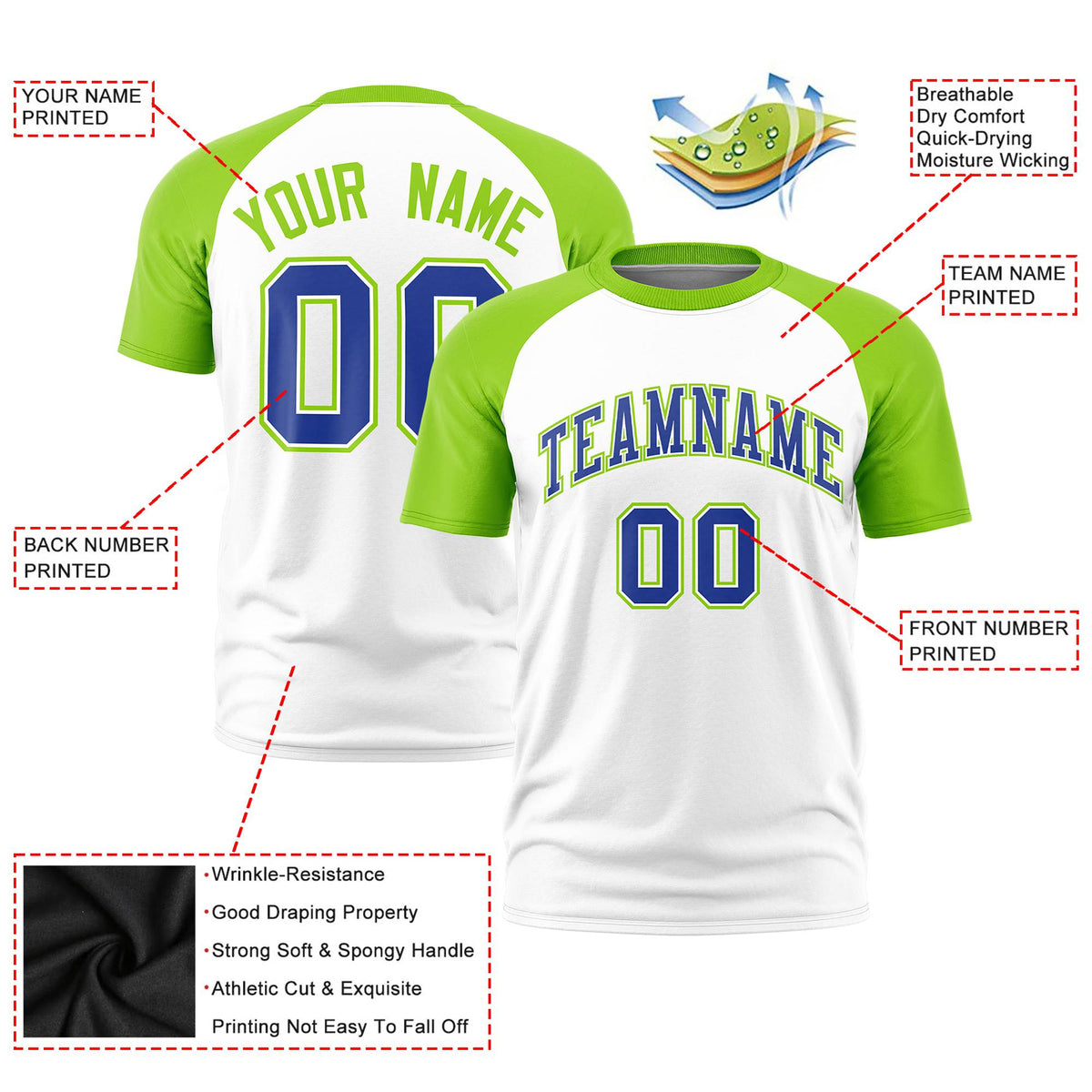 Custom White Neon Green Raglan Sleeves Performance T-Shirt