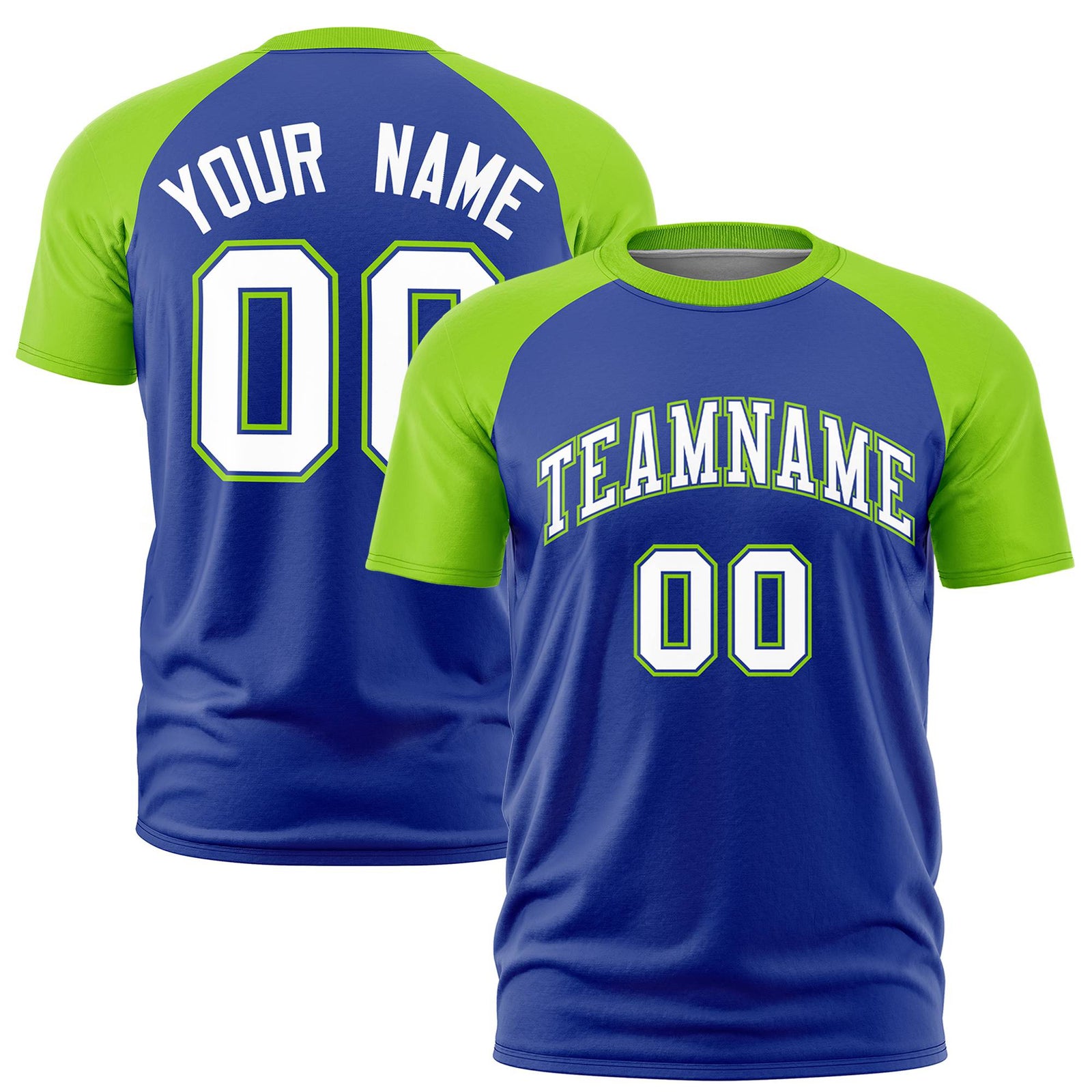 Custom Royal Blue-Neon Green Raglan Sleeves Performance T-Shirt