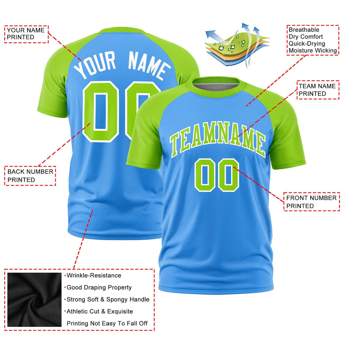 Custom Powder Blue-Neon Green Raglan Sleeves Performance T-Shirt