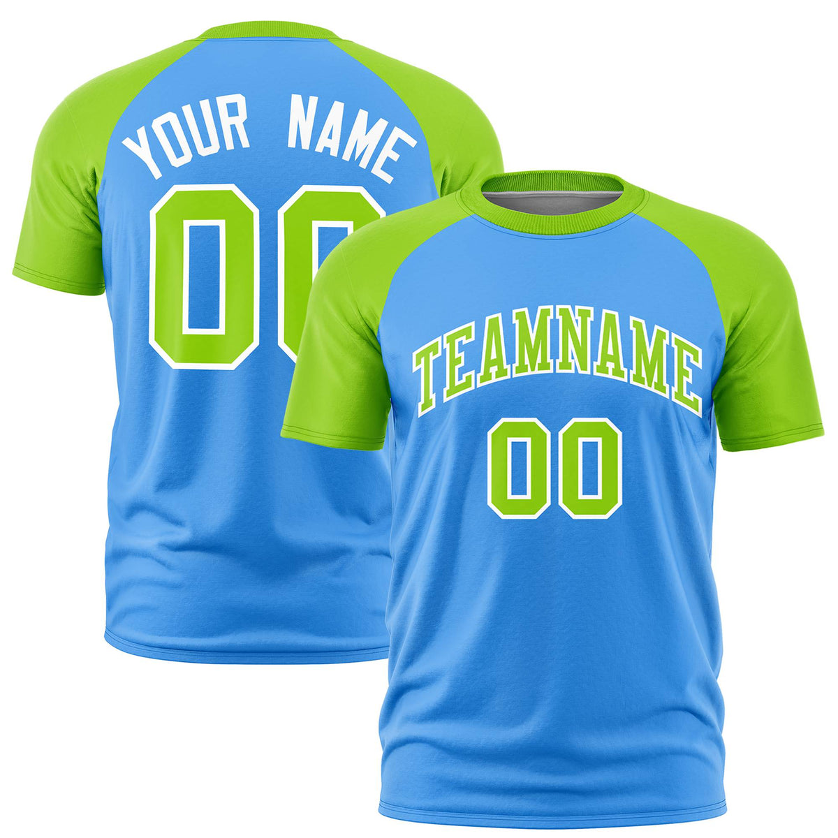 Custom Powder Blue-Neon Green Raglan Sleeves Performance T-Shirt