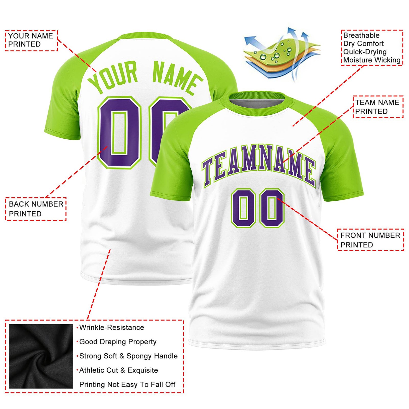 Custom White Neon Green Raglan Sleeves Performance T-Shirt