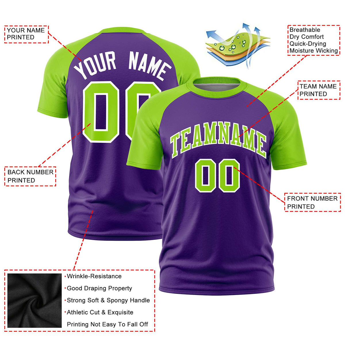Custom Purple Neon Green Raglan Sleeves Performance T-Shirt