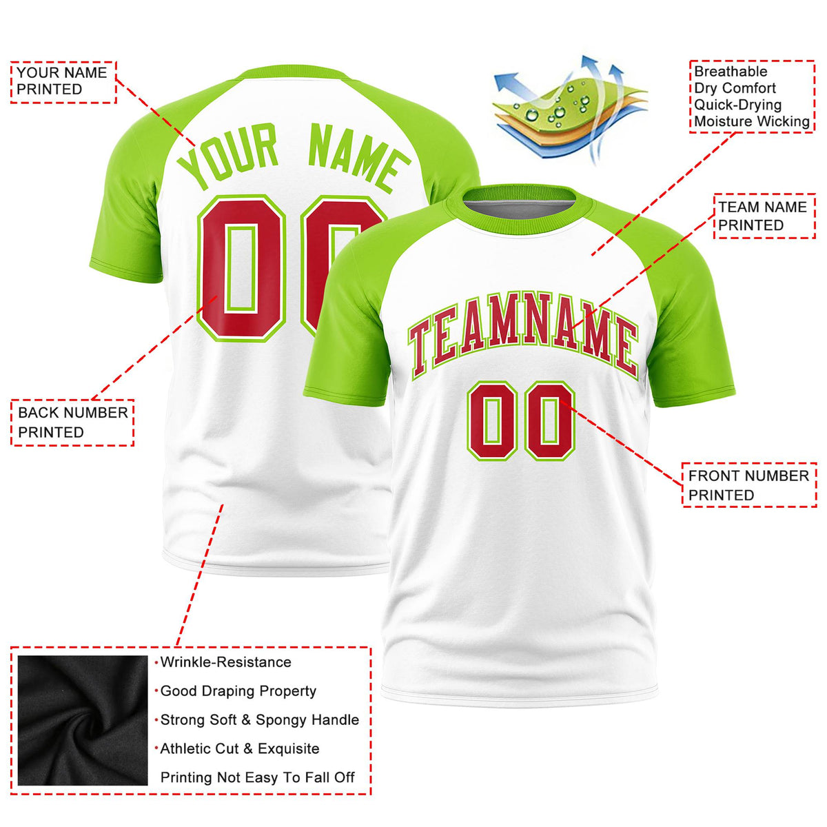 Custom White Neon Green Raglan Sleeves Performance T-Shirt
