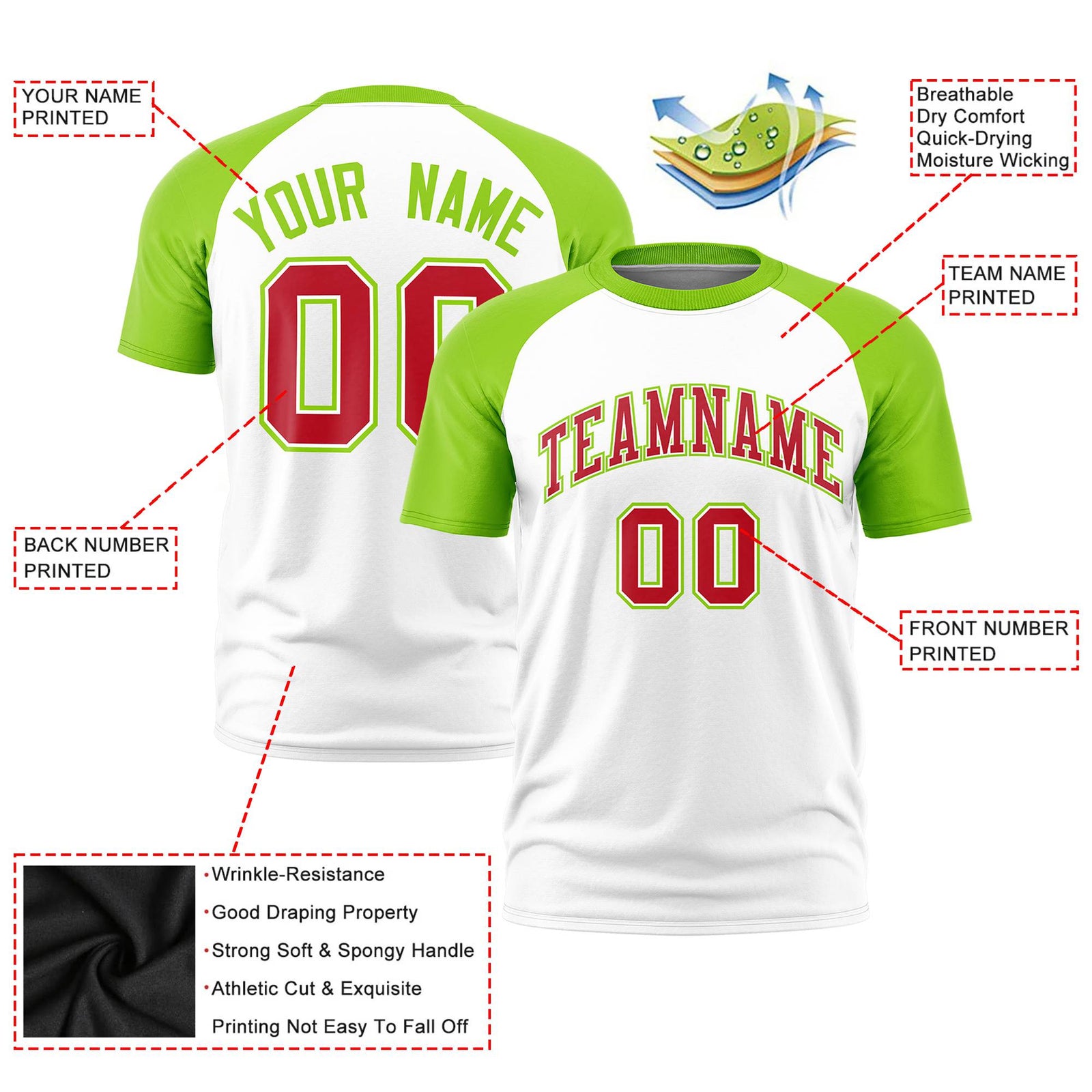 Custom White Neon Green Raglan Sleeves Performance T-Shirt