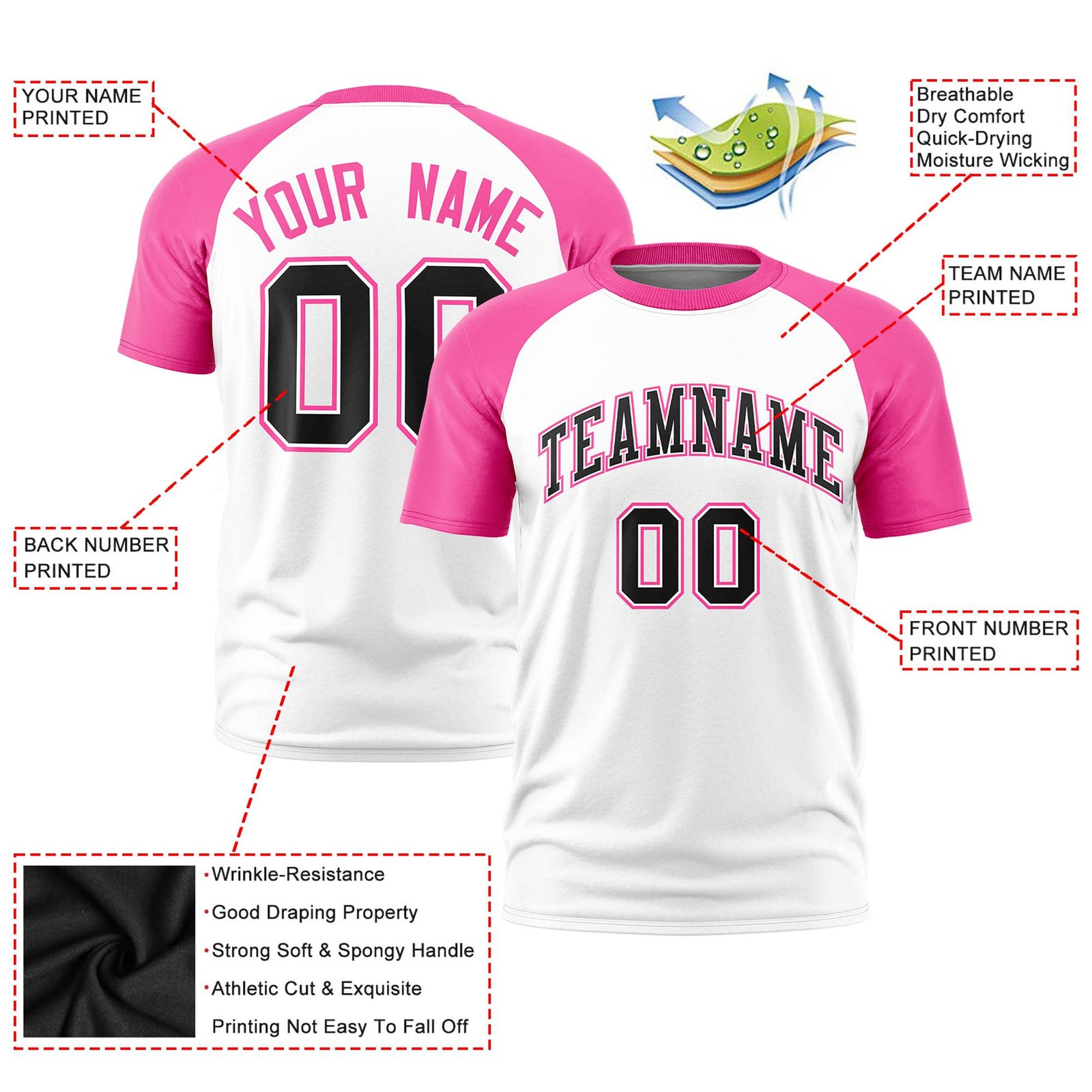 Custom White Pink Raglan Sleeves Performance T-Shirt