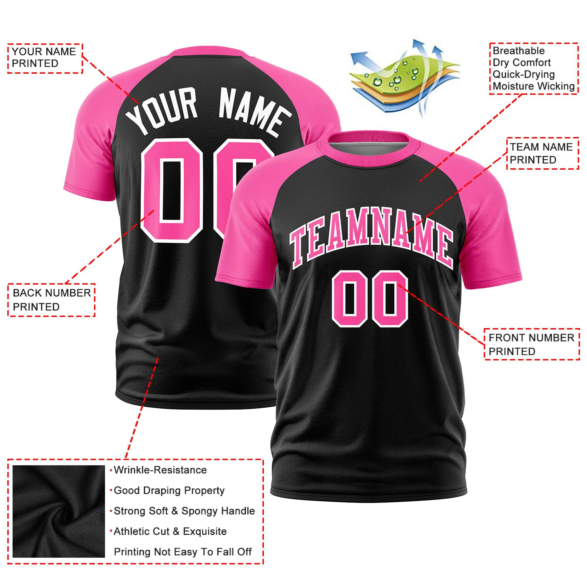 Custom Black Pink Raglan Sleeves Performance T-Shirt