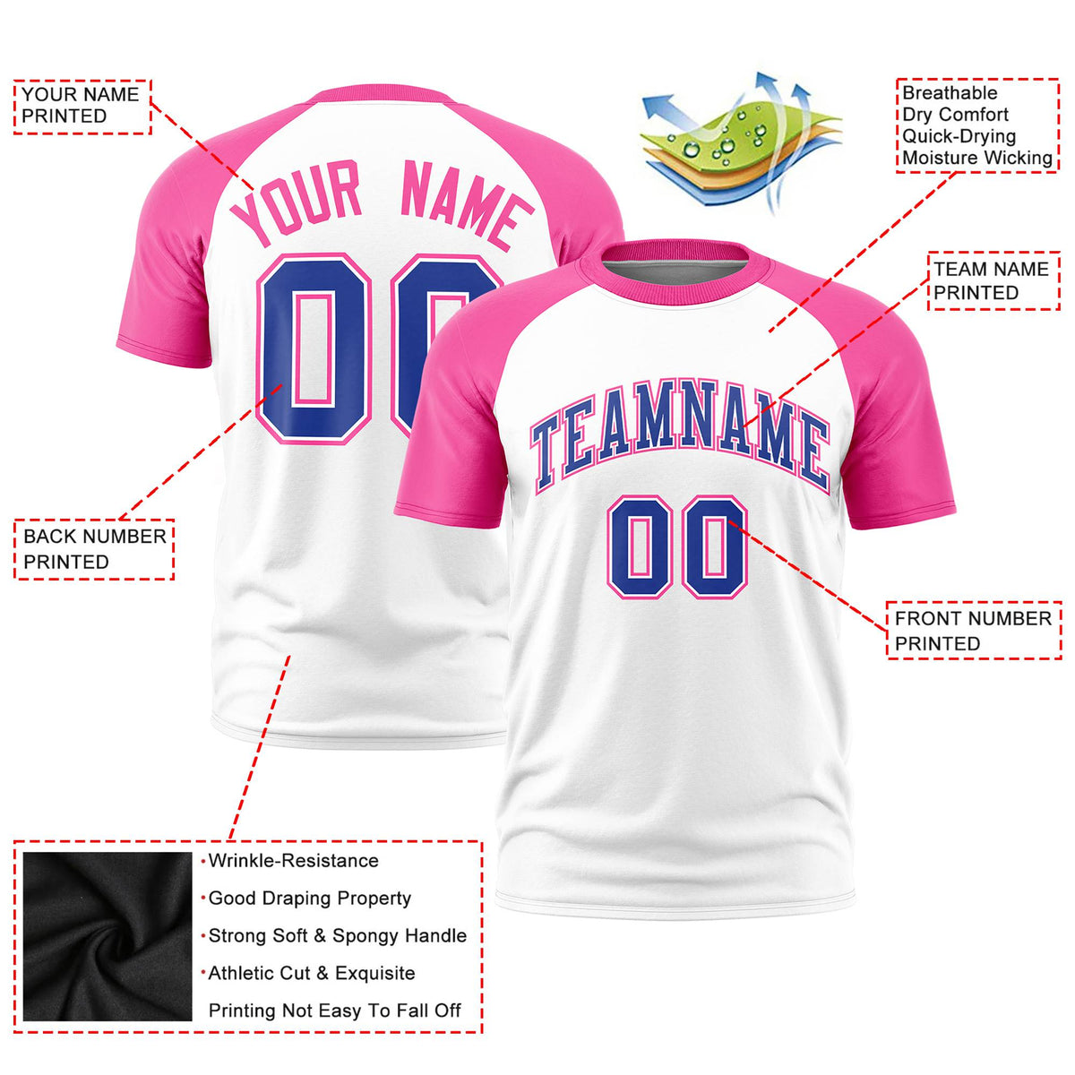 Custom White Pink Raglan Sleeves Performance T-Shirt