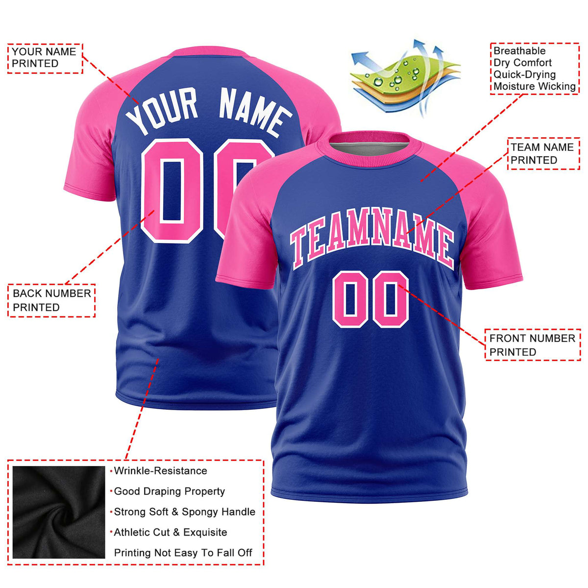 Custom Royal Blue Pink Raglan Sleeves Performance T-Shirt