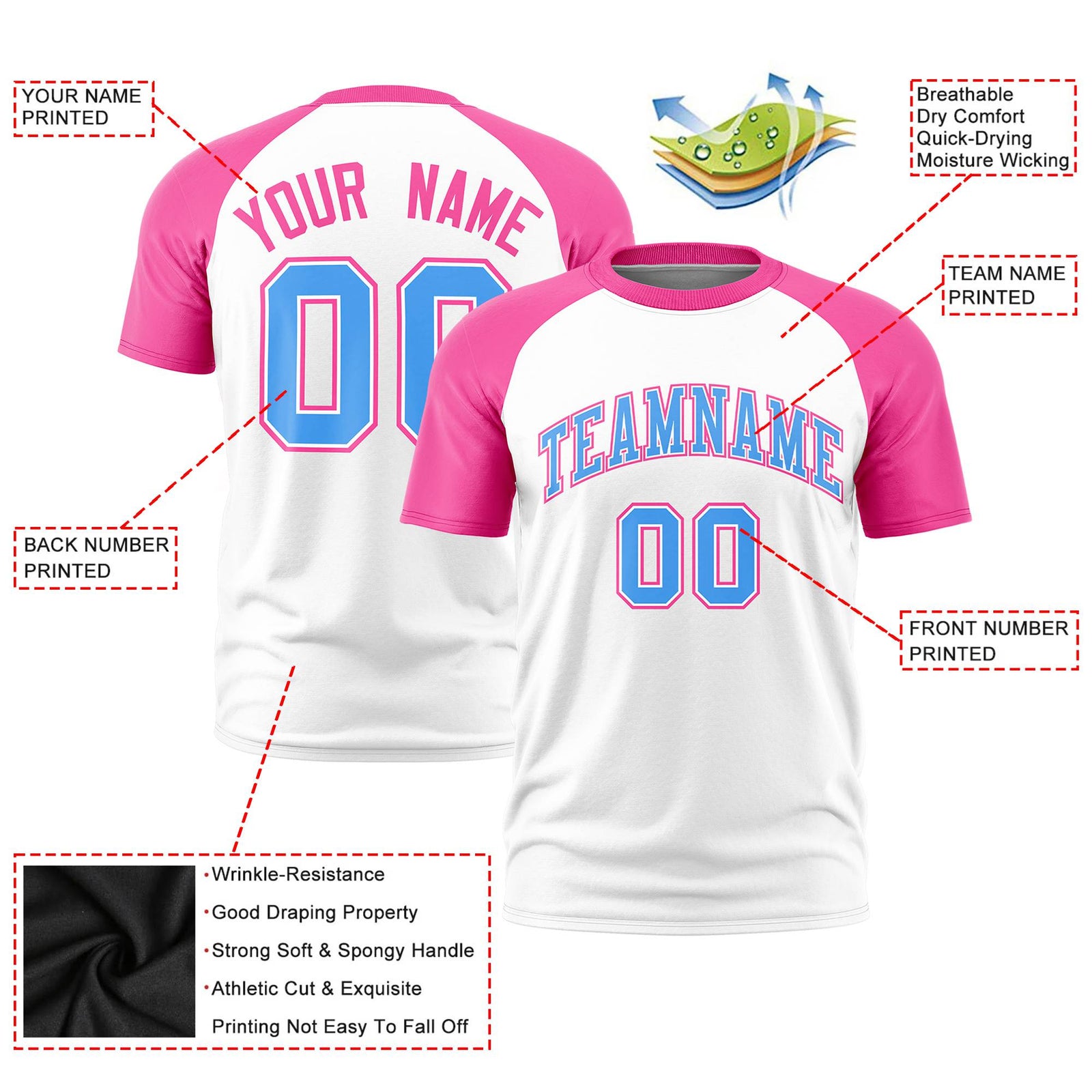 Custom White Pink Raglan Sleeves Performance T-Shirt