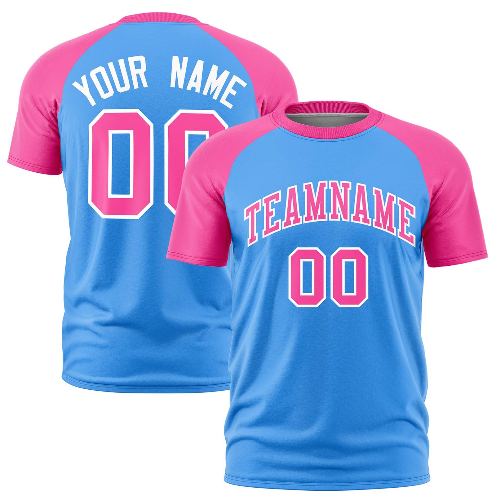 Custom Powder Blue Pink Raglan Sleeves Performance T-Shirt