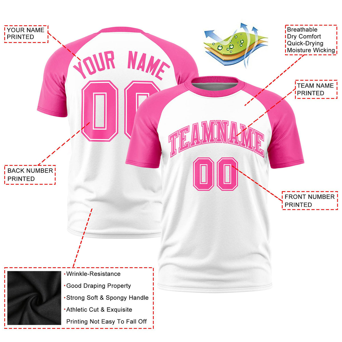 Custom White Pink Raglan Sleeves Performance T-Shirt