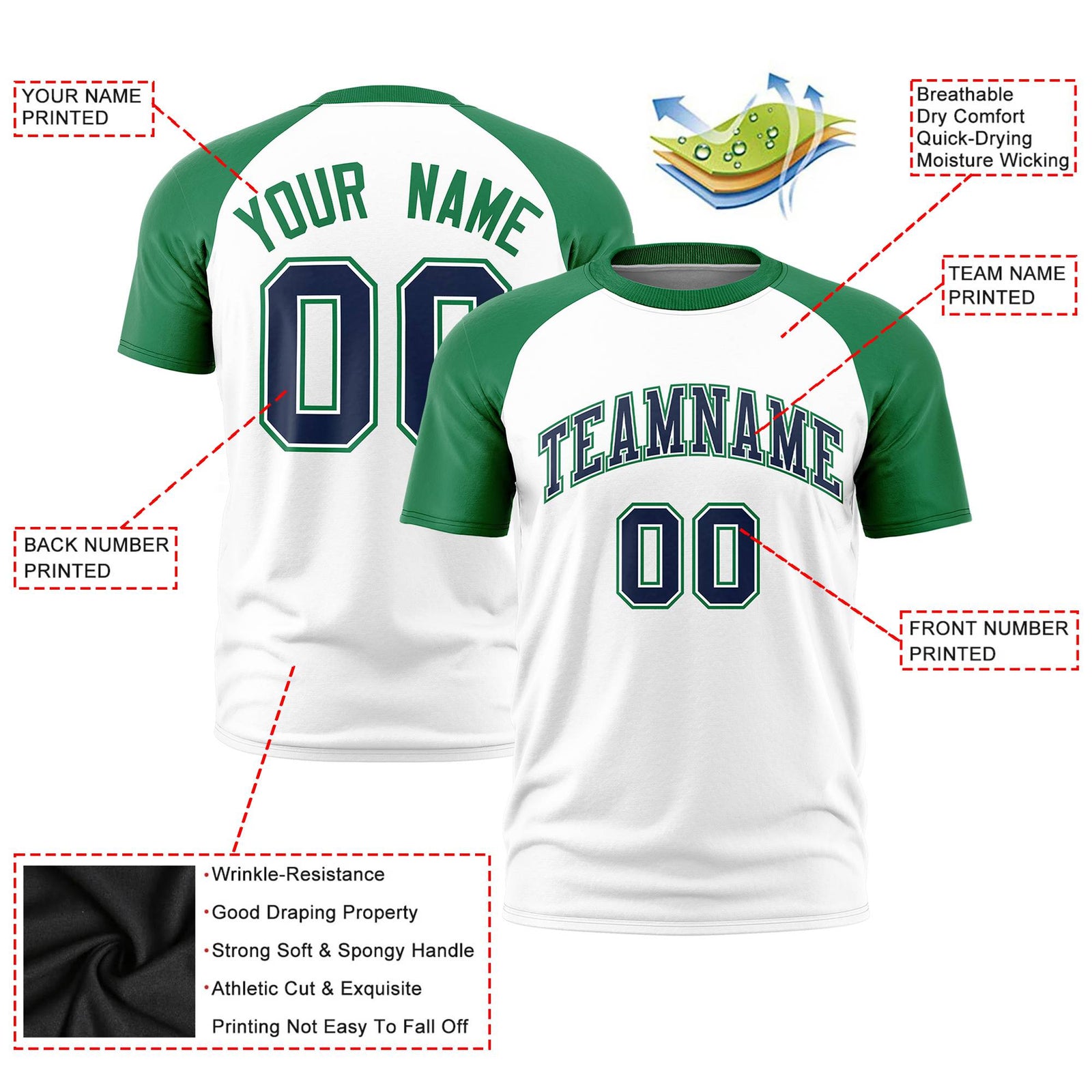 Custom White Kelly Green Raglan Sleeves Performance T-Shirt