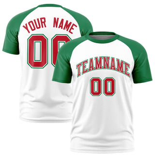 Custom White Kelly Green Raglan Sleeves Performance T-Shirt - Style 1