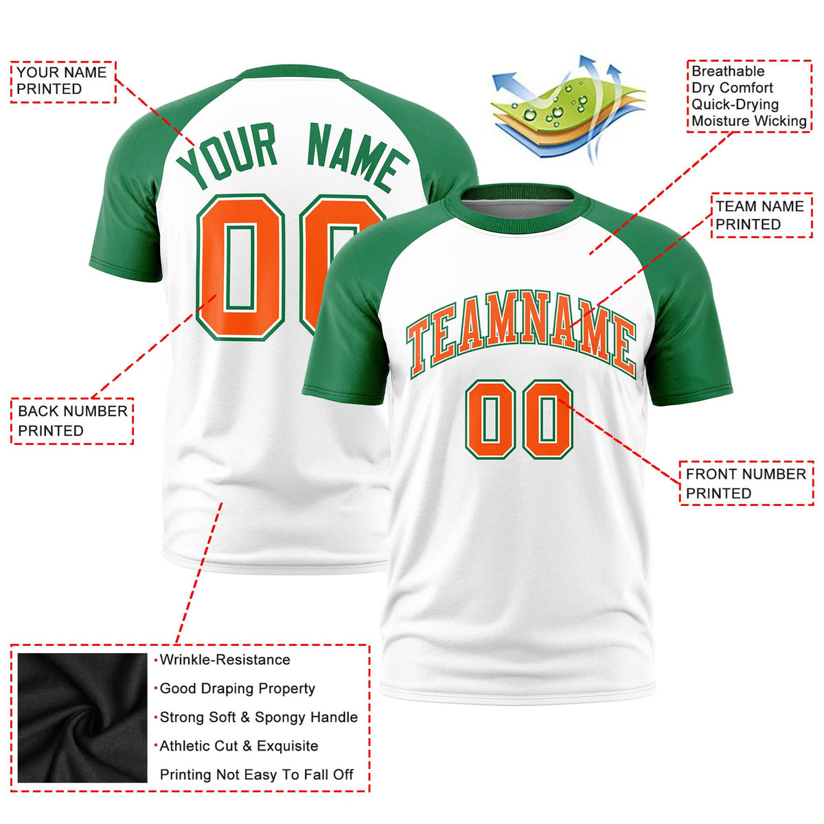 Custom White Kelly Green Raglan Sleeves Performance T-Shirt