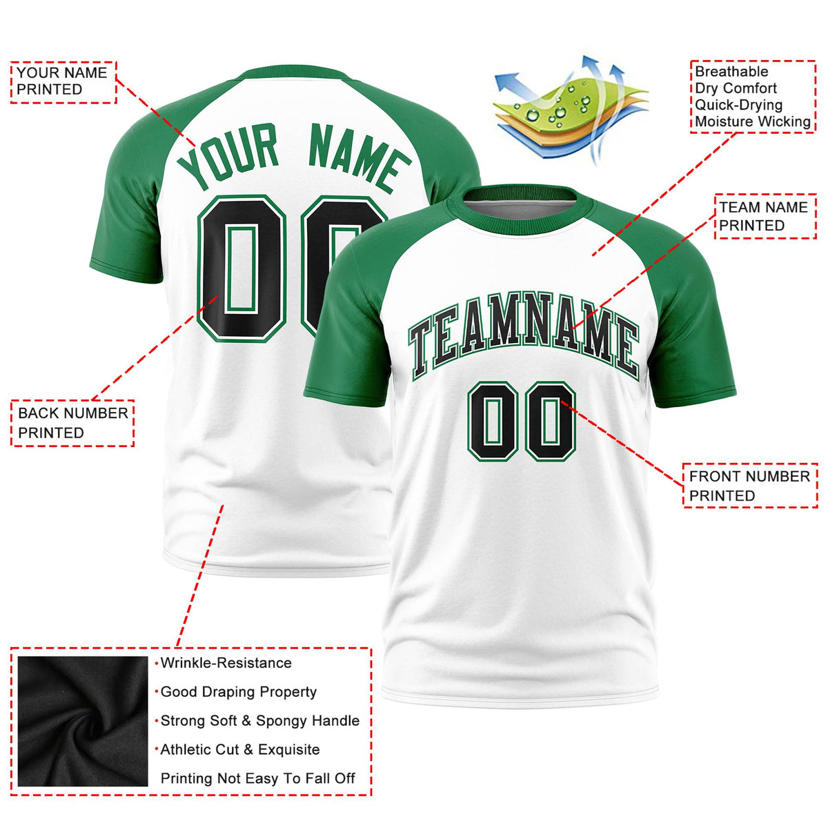 Custom White Kelly Green Raglan Sleeves Performance T-Shirt