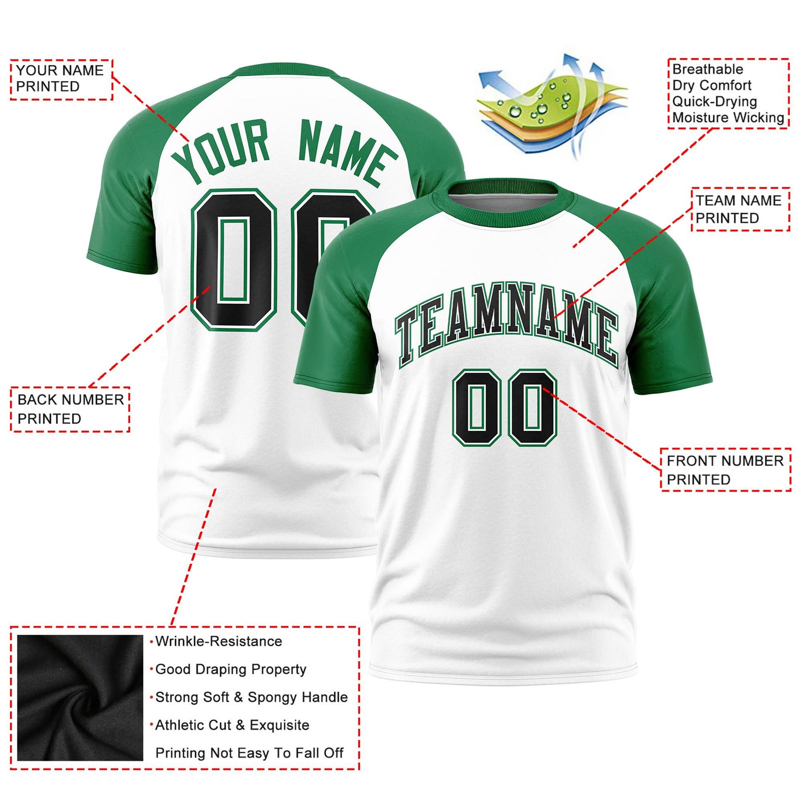 Custom White Kelly Green Raglan Sleeves Performance T-Shirt