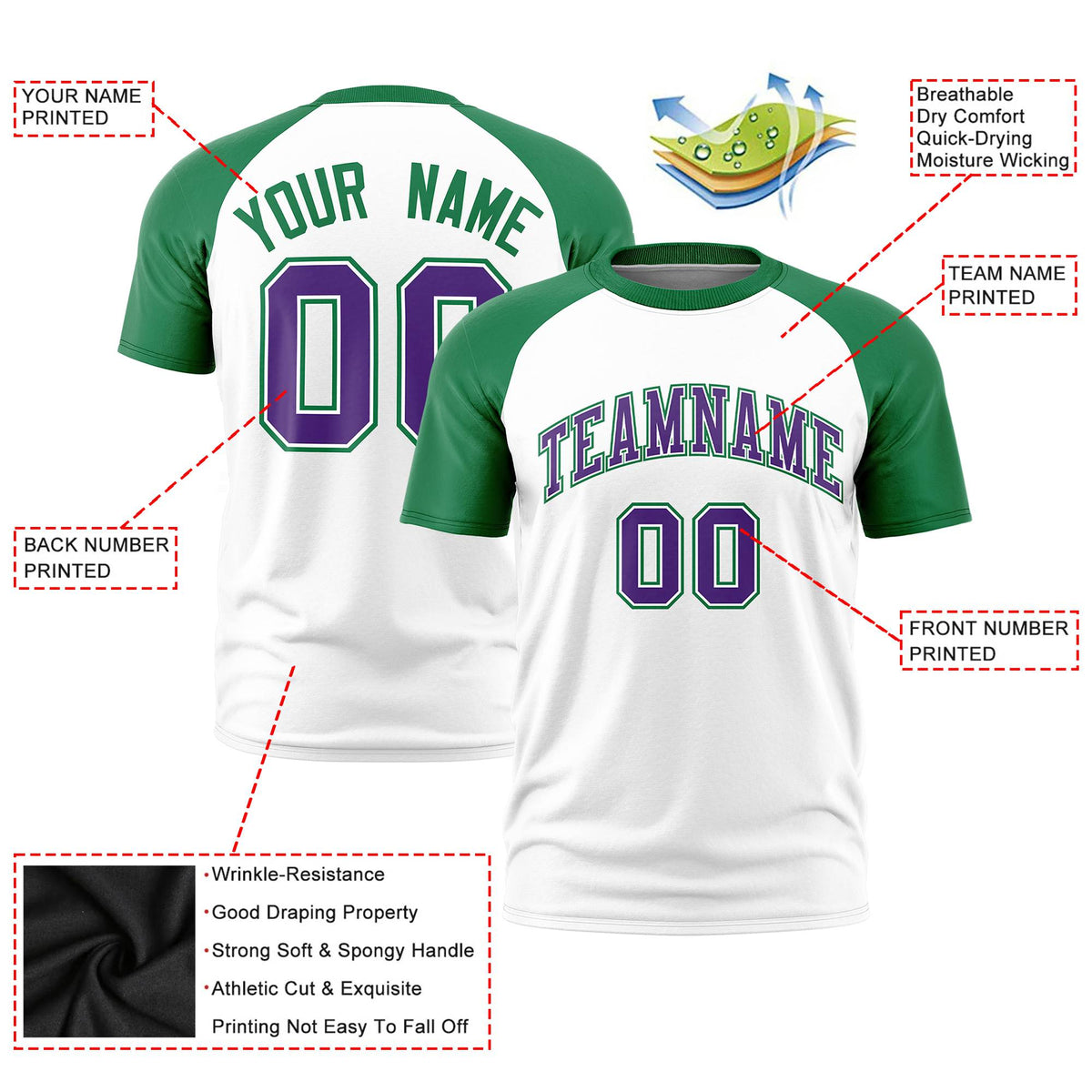 Custom White Kelly Green Raglan Sleeves Performance T-Shirt