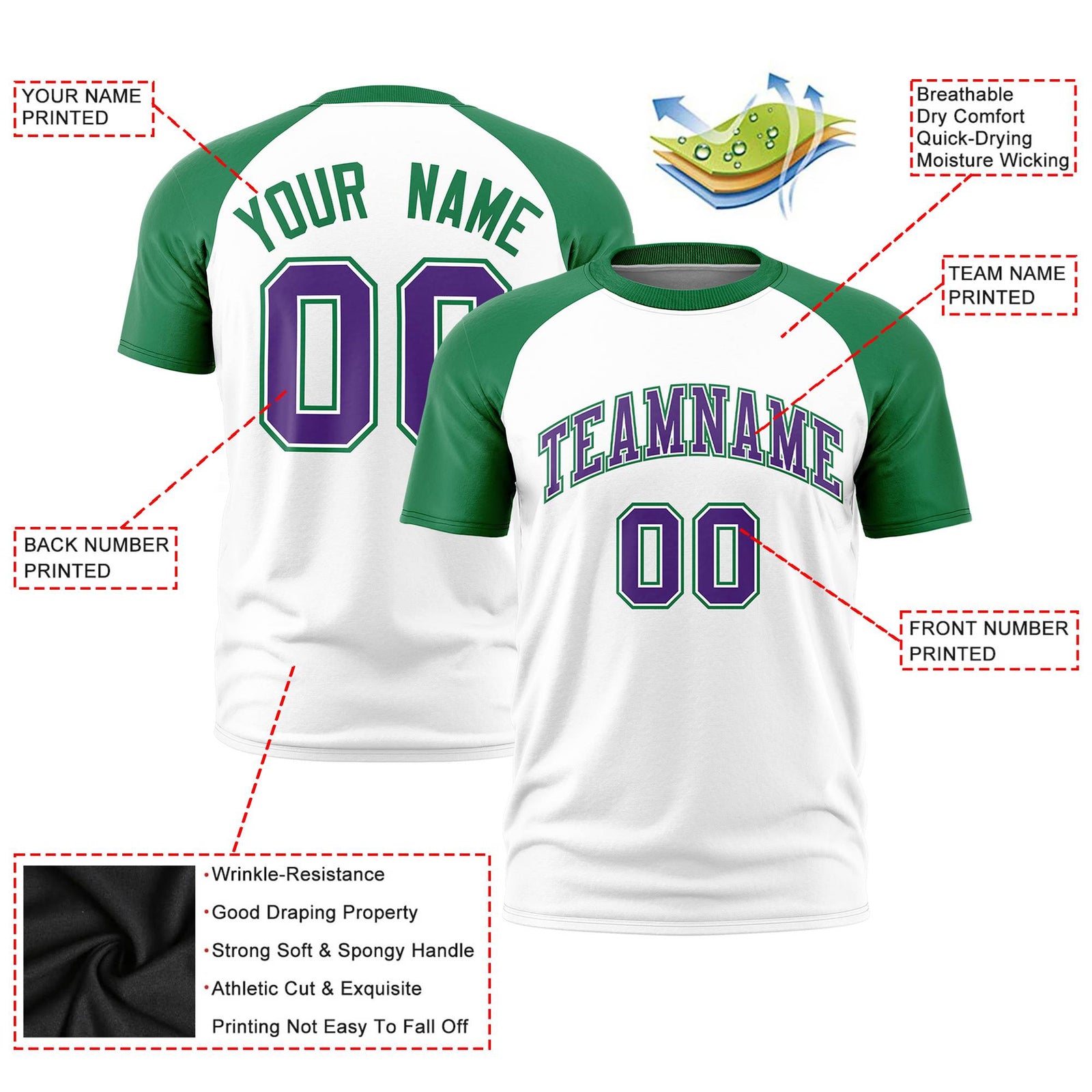 Custom White Kelly Green Raglan Sleeves Performance T-Shirt