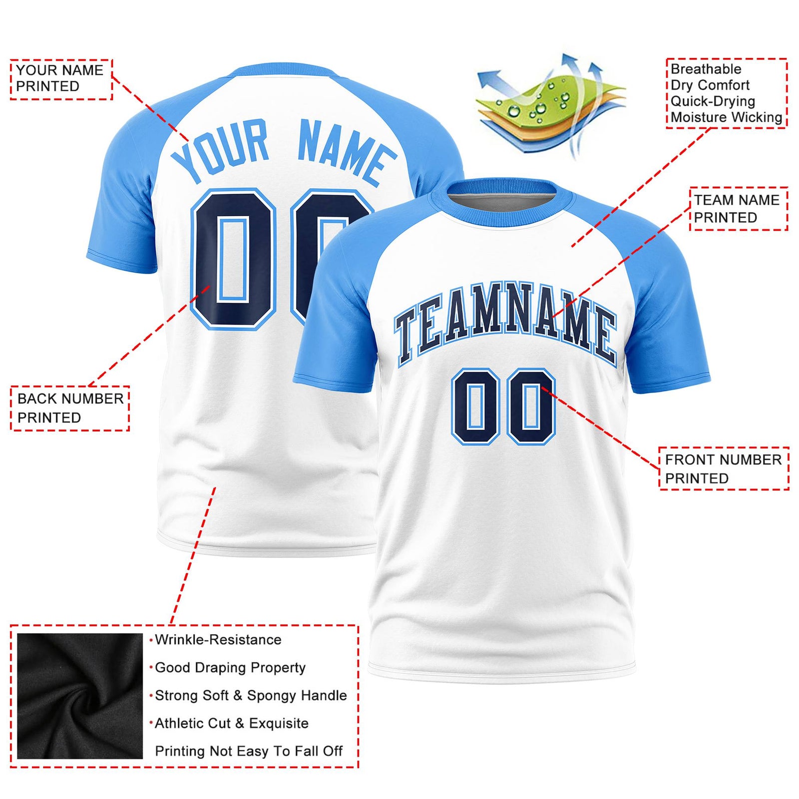 Custom White Powder Blue Raglan Sleeves Performance T-Shirt