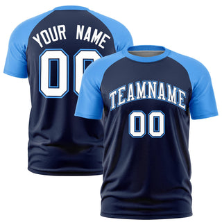 Custom Navy Powder Blue Raglan Sleeves Performance T-Shirt - Style 1
