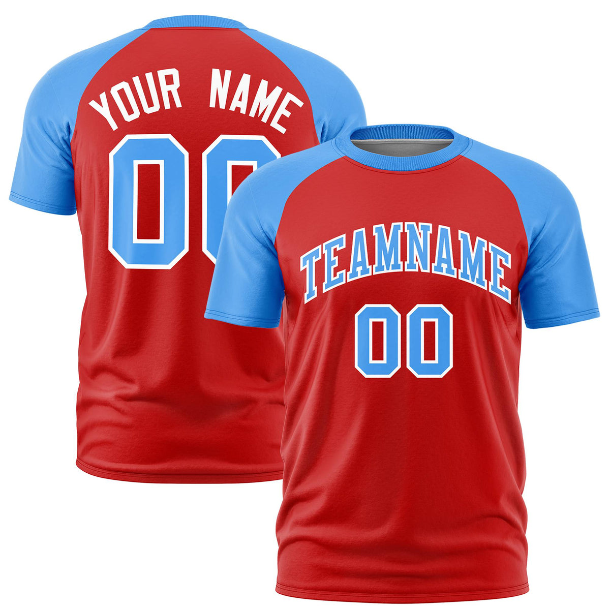 Custom Red Powder Blue Raglan Sleeves Performance T-Shirt