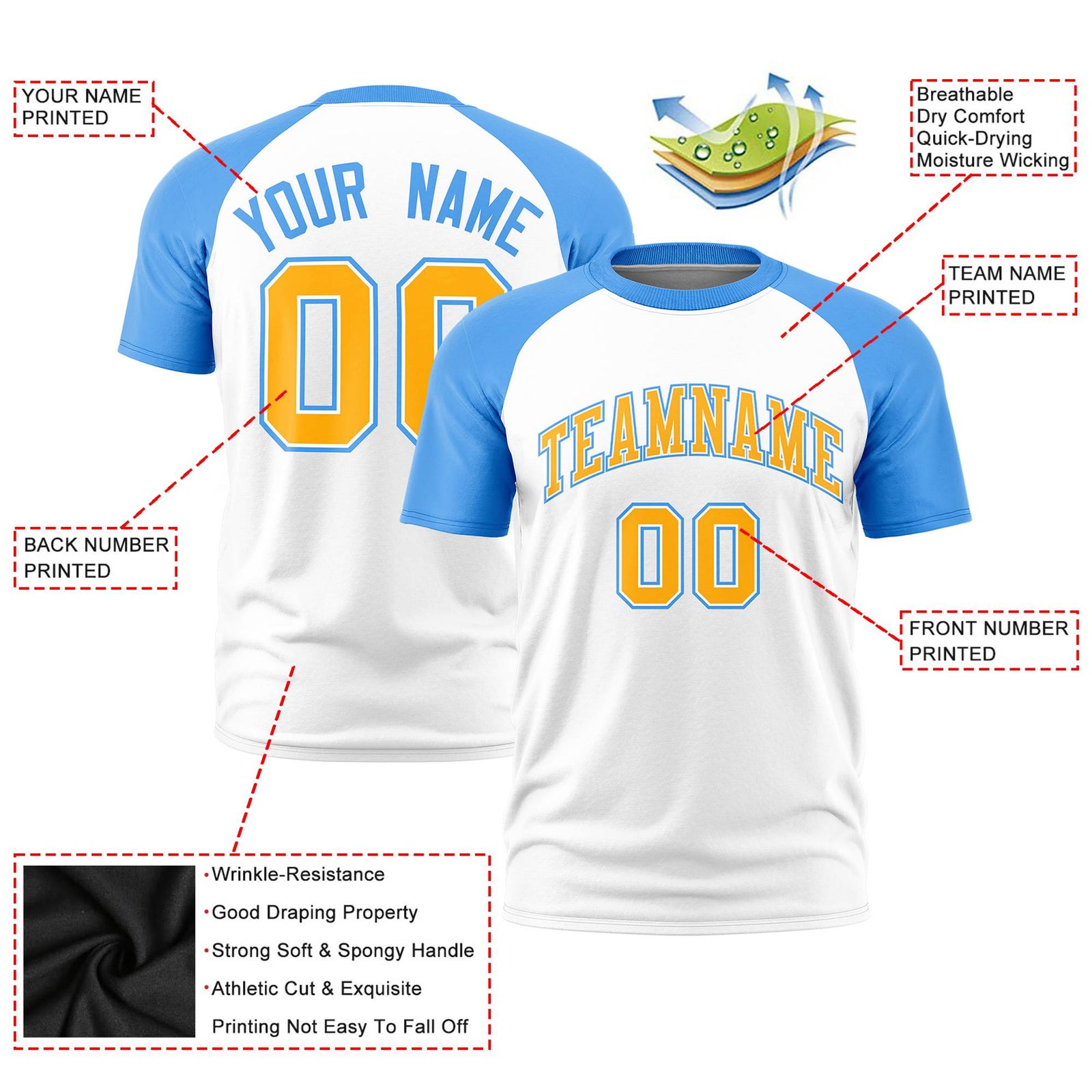 Custom White Powder Blue Raglan Sleeves Performance T-Shirt