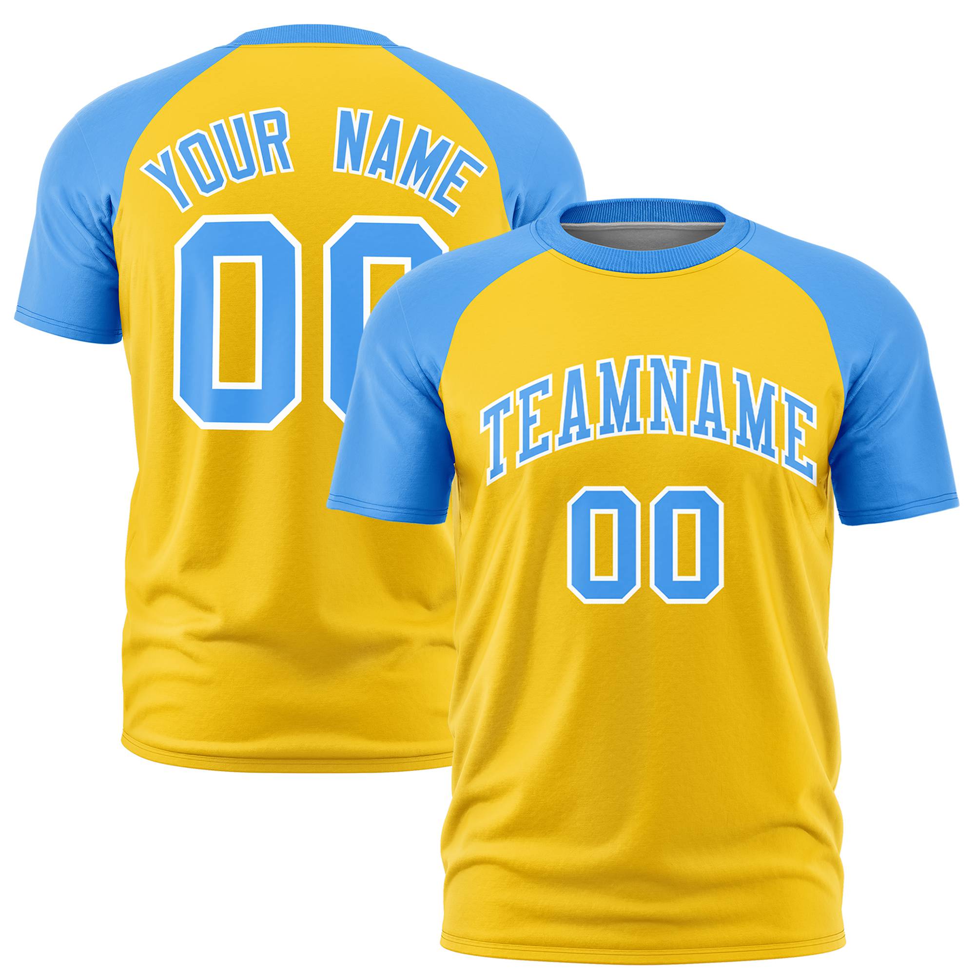 Custom Gold Powder Blue Raglan Sleeves Performance T-Shirt