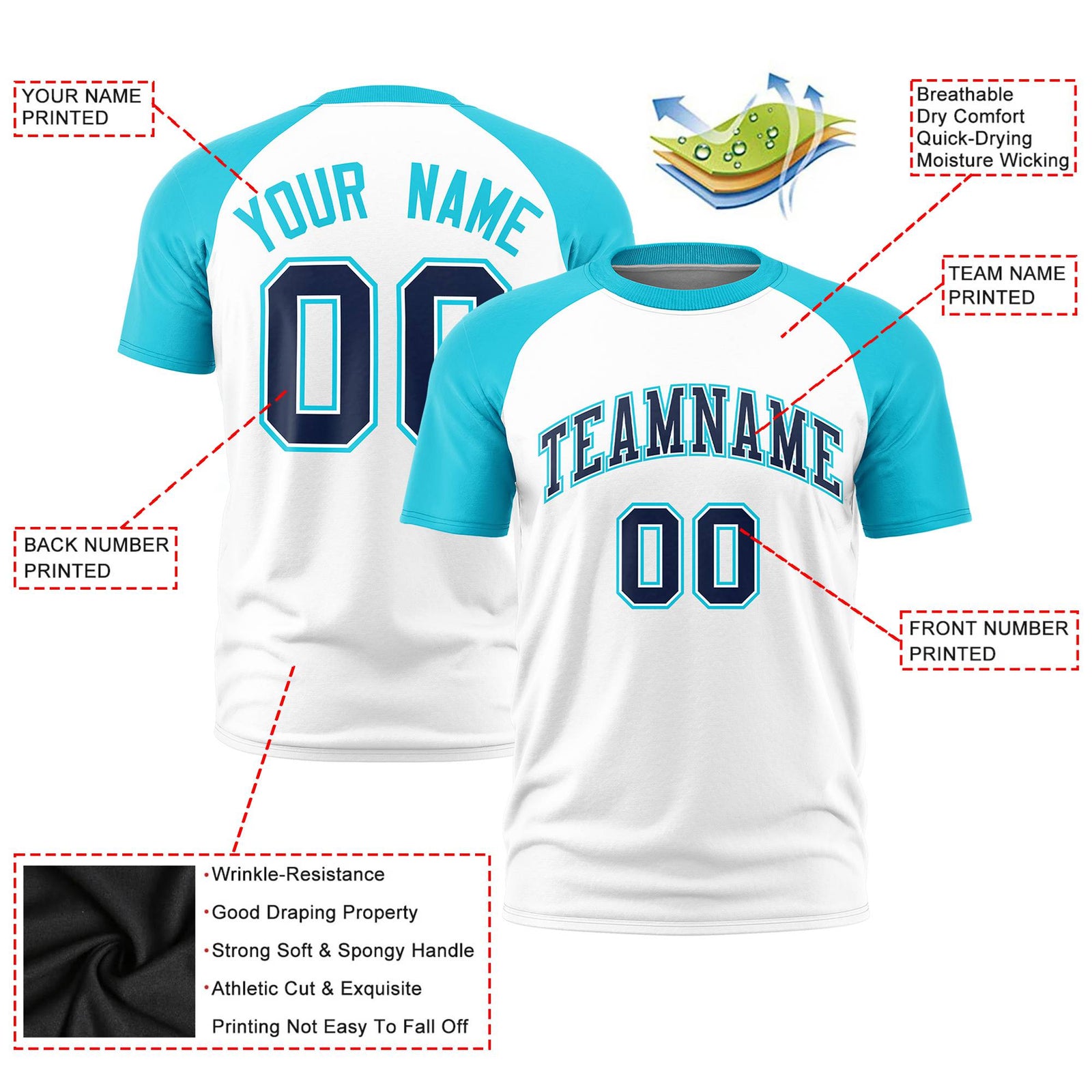 Custom White Sky Blue Raglan Sleeves Performance T-Shirt