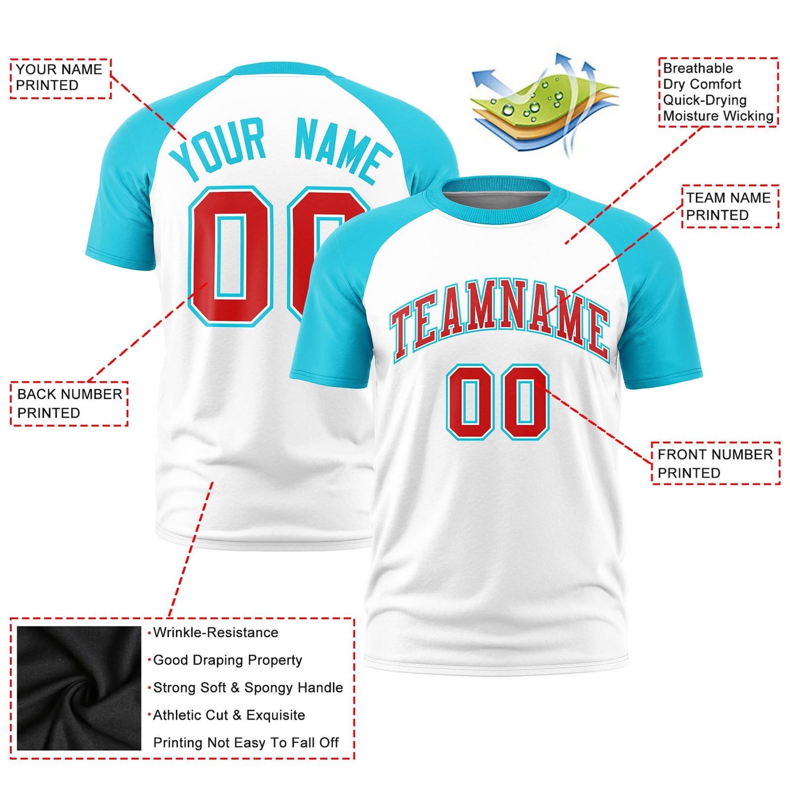 Custom White Sky Blue Raglan Sleeves Performance T-Shirt