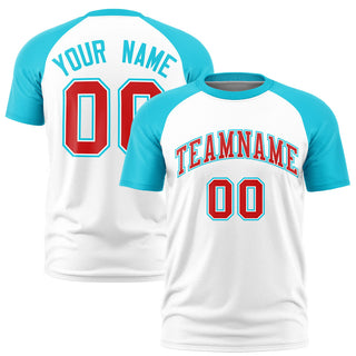 Custom White Sky Blue Raglan Sleeves Performance T-Shirt - Style 1
