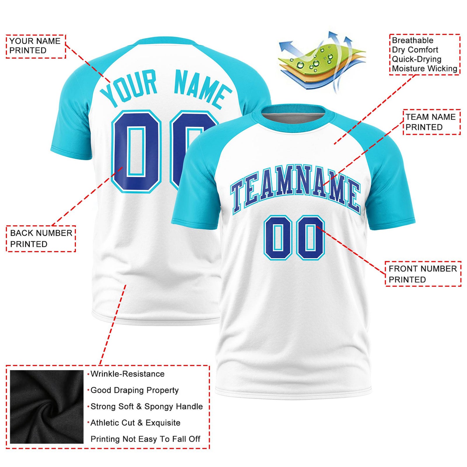 Custom White Sky Blue Raglan Sleeves Performance T-Shirt