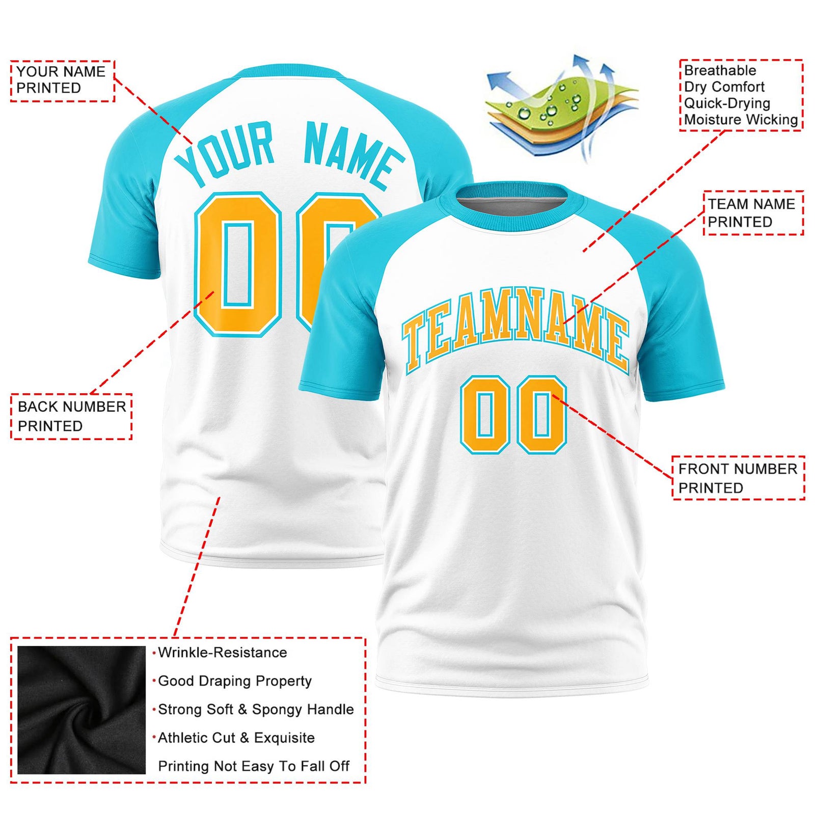 Custom White Sky Blue Raglan Sleeves Performance T-Shirt