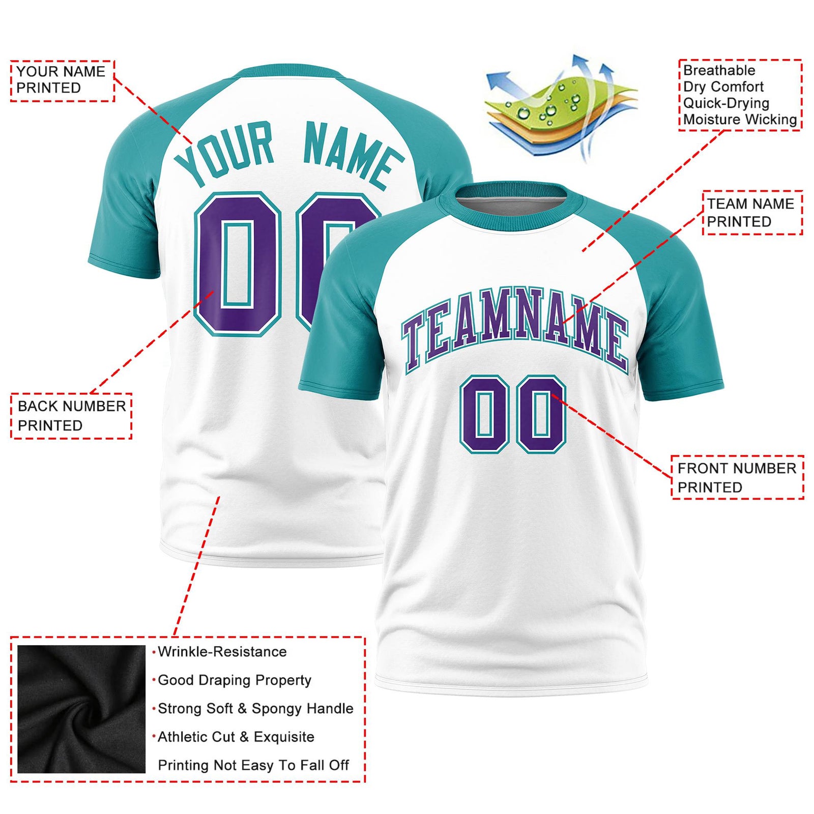 Custom White Aqua Raglan Sleeves Performance T-Shirt
