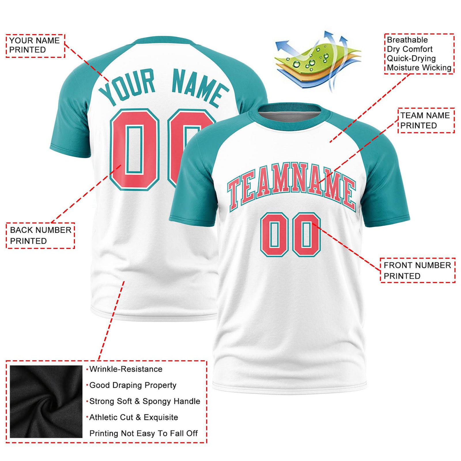 Custom White Aqua Raglan Sleeves Performance T-Shirt