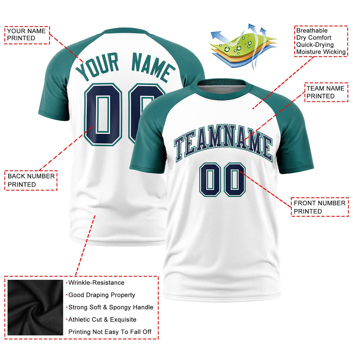 Custom White Aqua Raglan Sleeves Performance T-Shirt