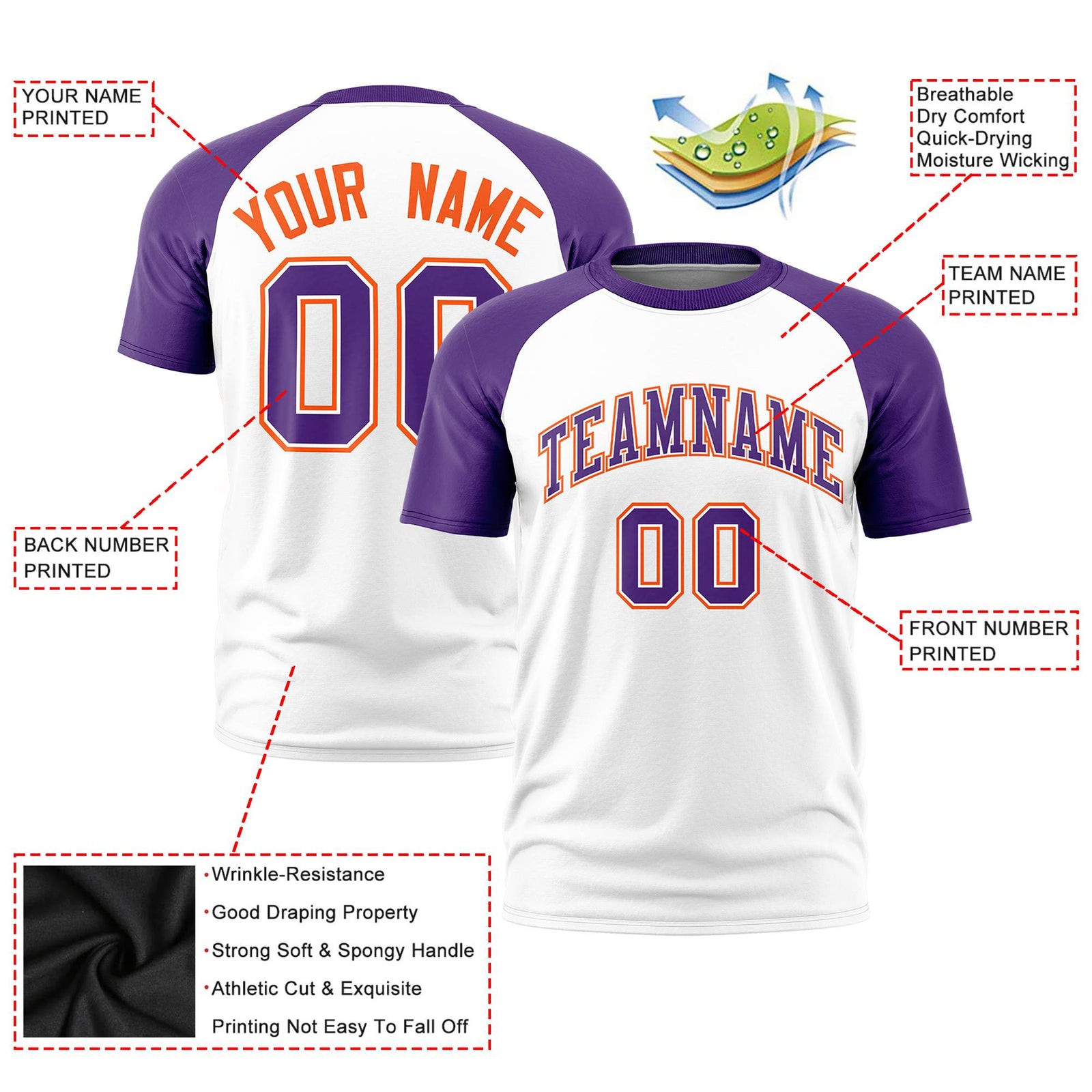 Custom White Purple Raglan Sleeves Performance T-Shirt