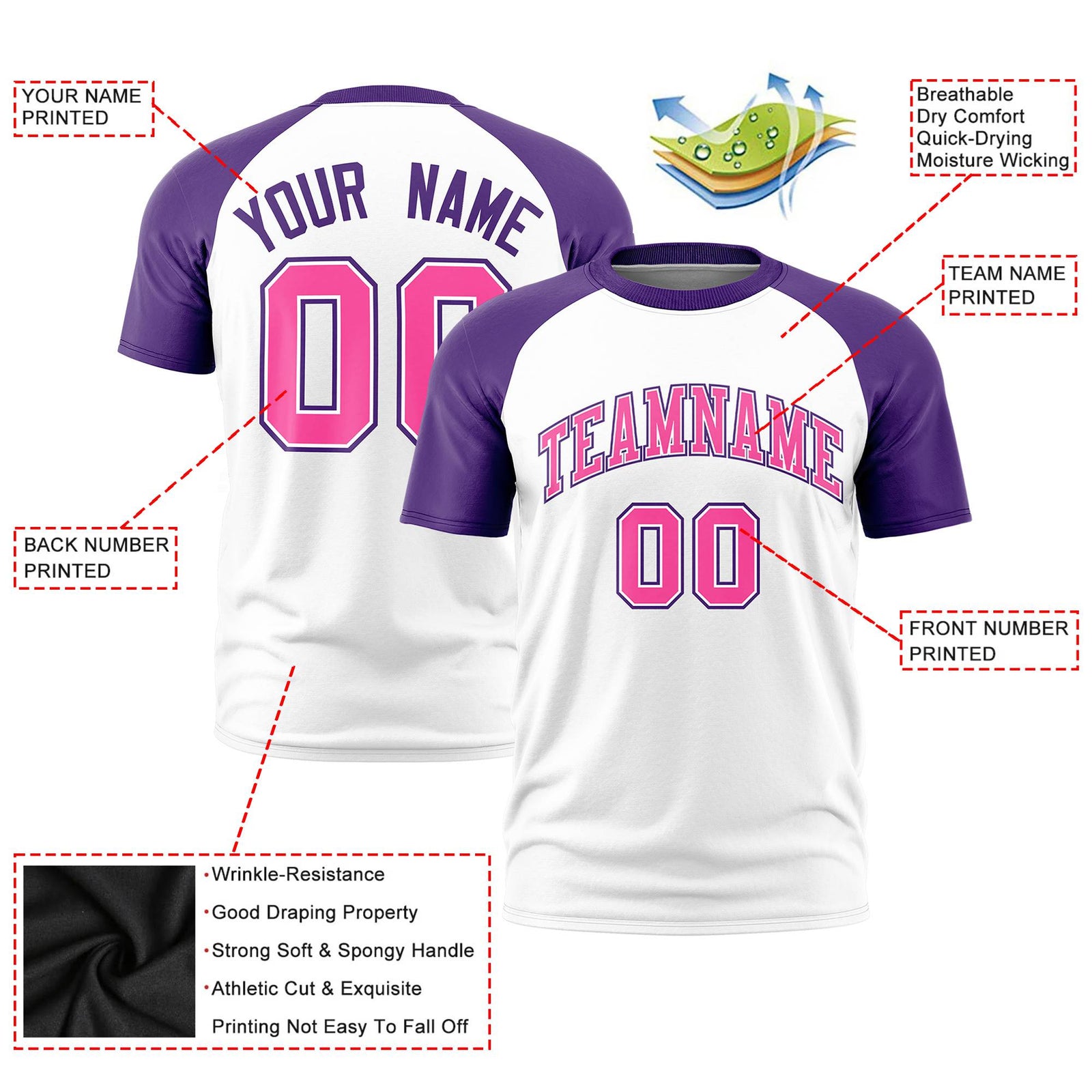 Custom White Purple Raglan Sleeves Performance T-Shirt